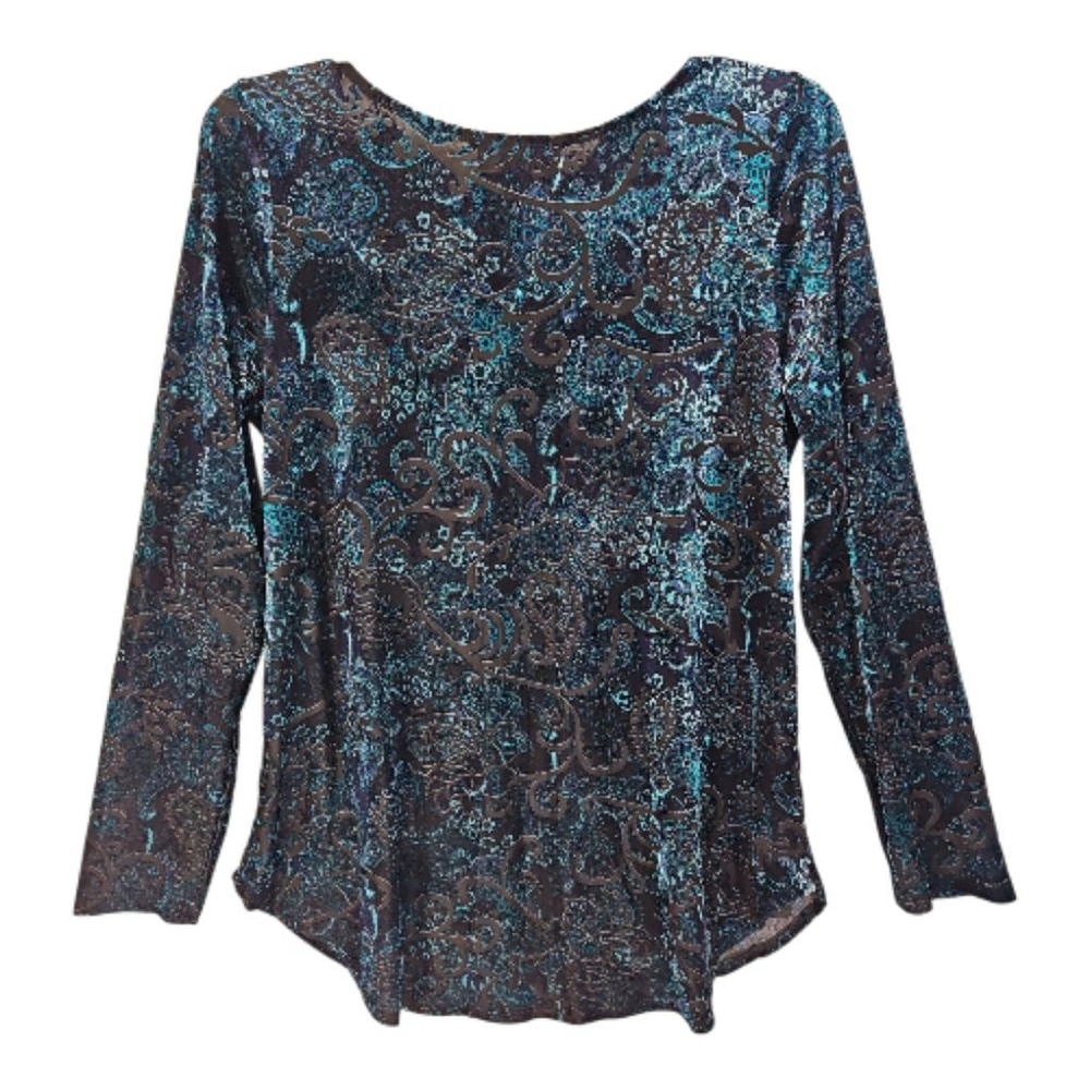 Karen Kane Blue & Black Velvet Burn-out Paisley Long Sleeve Top Size L - Picture 4 of 6